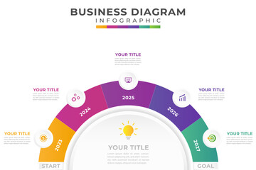 Business presentation infographic half circle timeline diagram 5 stages