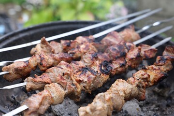 Cooking delicious kebab on metal brazier outdoors, closeup