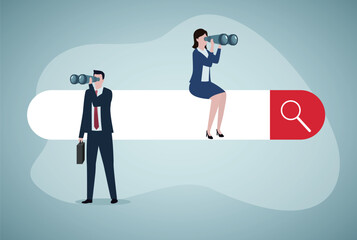 Search engine with tiny people looking through binoculars. Man and woman doing research flat vector illustration. Search, information, internet, technology concept for banner or landing web page