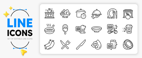 Dish, Calories and Boiling pan line icons set for app include Sausage, Food, Recycle water outline thin icon. Ice cream, Restaurant food, Table knife pictogram icon. Coffee delivery. Vector