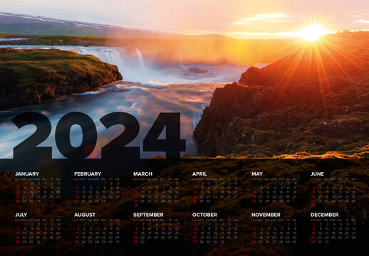 Dark full year horizontal calendar template for the year 2024 (sunday first day)