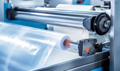 Fotobehang Automatic polyethylene plastic bag production machine with lighting effect. Close-up of the roller of the plastic bag production machine in the light blue scene. product packaging, Generative AI © Reeta