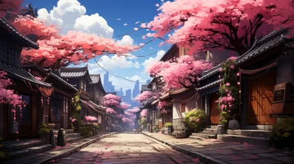 Keuken spatwand met foto Idyllic Old Japan Street in Spring, Cherry Blossoms © karandaev