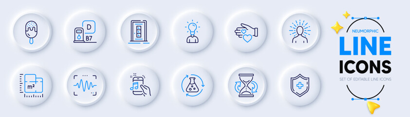 Voice wave, Chemistry experiment and Medical shield line icons for web app. Pack of Door, Volunteer, Education pictogram icons. Ice cream, Hourglass, Diesel station signs. Music phone. Vector