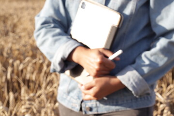 Farmer person working on a tablet. Woman farmer holding tablet  in the field wheat background....