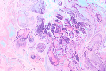 Exclusive beautiful pattern, abstract fluid art background. Flow of blending purple lilac paints mixing together. Blots and streaks of ink texture for print and design