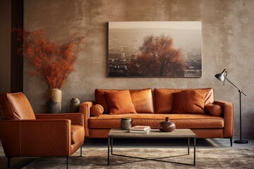 Warm, inviting living space with sofa, featured wall, chair, and decor. Generative AI