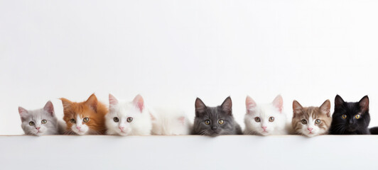 Cute different of cats peeking on isolated white background, with copy space, blank for text ads, and graphic design.