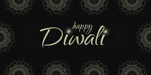 Website header or banner design with golden mandalas on black background for Diwali Festival celebration.