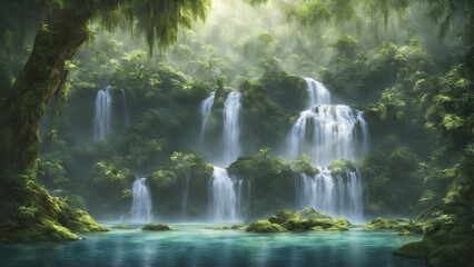 Waterfall in a lush green jungle