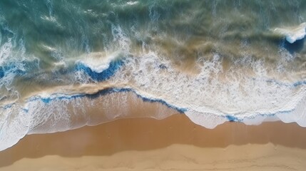 Fototapeta na wymiar Coast with waves as a background from top view. Blue water background from drone. Summer seascape from air. Travel, Generative AI