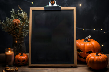 Halloween background with pumpkins and blank chalkboard on black background