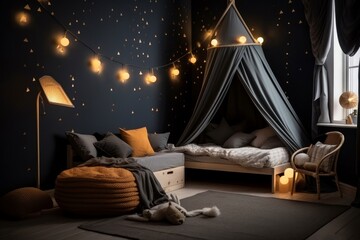 Kids bedroom in dark colors. Cozy kids room interior, scandinavian nordic design with light garlands and soft pillows, tent canopy bed. Children room in evening with lights on. Generative AI - obrazy, fototapety, plakaty