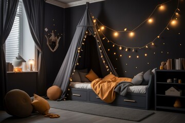 Kids bedroom in dark colors. Cozy kids room interior, scandinavian nordic design with light garlands and soft pillows, tent canopy bed. Children room in evening with lights on. Generative AI