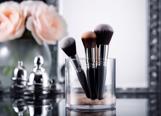 Makeup brushes in a glass. Clean professional makeup brushes set for make-up artist, cosmetics, make up theme. Generative AI