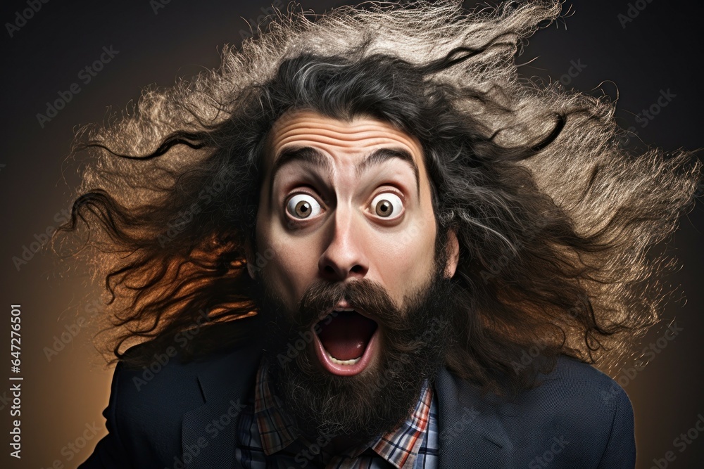 Poster a man with long hair and a beard wearing a surprised expression on his face. this image can be used 
