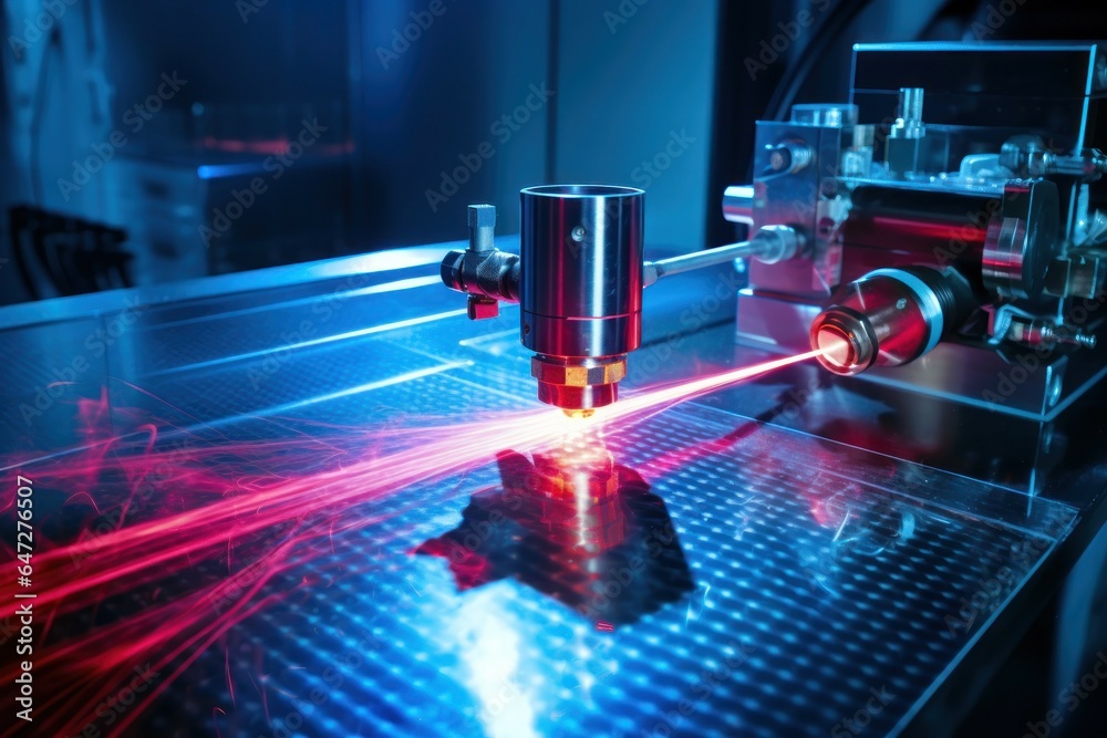 Poster a laser is being used to cut a piece of metal. this image can be used to depict industrial processes