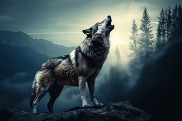 A majestic wolf stands on top of a rock in a forest. This image can be used to depict wildlife,...