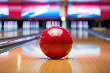 A red bowling ball sits prominently on top of a bowling alley. This image can be used to showcase...