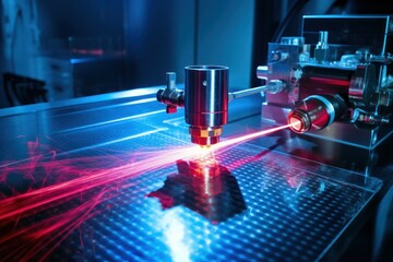 A laser is being used to cut a piece of metal. This image can be used to depict industrial processes or technology advancements. - obrazy, fototapety, plakaty