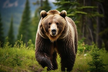 A large brown bear walking through a lush green forest. This picture can be used to depict wildlife, nature, and forest conservation.