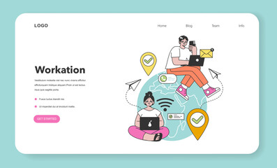 Workcation web banner or landing page. Chatacter working away from the office.