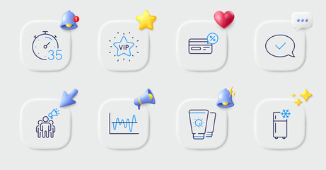 Refrigerator, Vip star and Timer line icons. Buttons with 3d bell, chat speech, cursor. Pack of Stock analysis, Brand ambassador, Approved message icon. Sunscreen, Cashback pictogram. Vector