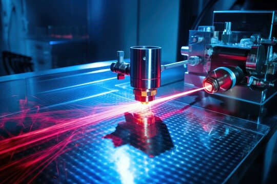 A laser is being used to cut a piece of metal. This image can be used to depict industrial processes or technology advancements.