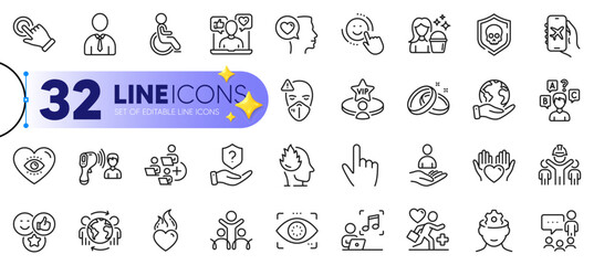Outline set of Music, Vip table and Engineering team line icons for web with Like, Cyber attack, Medical mask thin icon. Hold heart, Social media, Stress pictogram icon. Patient. Vector