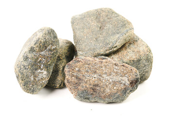 Set of sauna stones isolated on white background. Natural mineral rock talcum-chlorite.