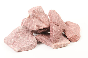 Set of sauna stones isolated on white background. Natural mineral rock crimson quartzite, jasper