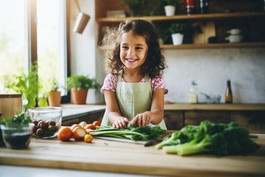 A young girl is shown cutting vegetables on a cutting board. This image can be used to depict cooking, healthy eating, family activities, or teaching children about food preparation.
