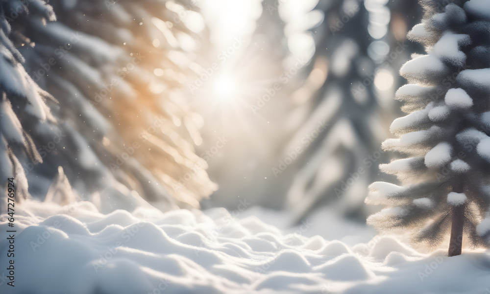 Poster winter fir tree forest with snow and sunlight bokeh
