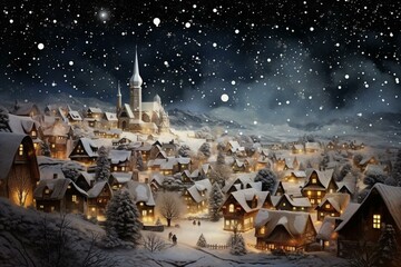 Snowflakes fall, creating mesmerizing patterns above a charming village on a winter night. Generative AI