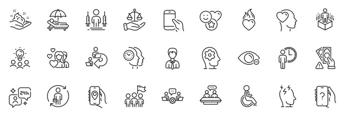 Icons pack as Businessman, Justice scales and Sunbed line icons for app include Time management, Stress, Location app outline thin icon web set. Ask question, Augmented reality. Vector