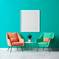 Frame and poster mock up in living room with two armchairs.