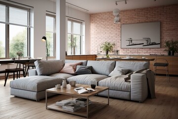 Modern living space with a spacious couch in a well-ventilated flat. Generative AI