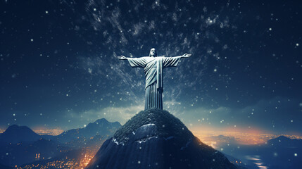 Christmas with Christ the redeemer background with the snow and blue sky in paper art and craft design concept. Created using generative AI. - obrazy, fototapety, plakaty