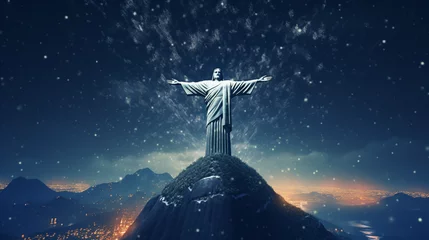 Foto op Aluminium Christmas with Christ the redeemer background with the snow and blue sky in paper art and craft design concept. Created using generative AI. © Sun