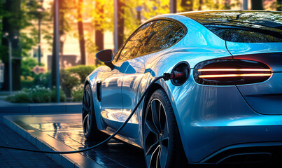 Green Energy in Action: EV Car Charging with Blue Power Effect