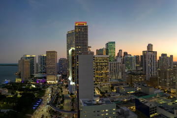 Night urban landscape of downtown district of Miami Brickell in Florida USA. Skyline with...