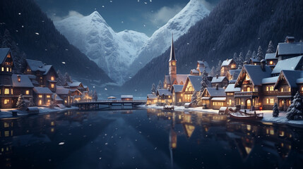 Christmas time in Hallstatt village wallpaper in paper art and craft design concept and animation with snow. Created using generative AI.