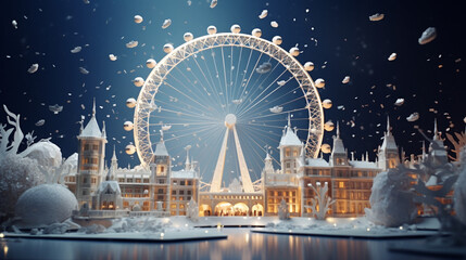 Paper art and craft design with Christmas festival with snow in London eye. Created using generative AI.