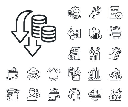 Price reduction sign. Cash money, loan and mortgage outline icons. Deflation line icon. Reduce rate symbol. Deflation line sign. Credit card, crypto wallet icon. Inflation, job salary. Vector