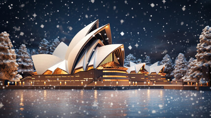 Fototapeta premium Opera house in Christmas theme background with snow falling in paper art and craft design concept. Created using generative AI.