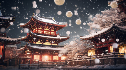 Christmas time in Sensoji temple Tokyo wallpaper in paper art and craft design concept and animation with snow. Created using generative AI.