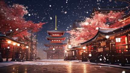 Sensoji temple Tokyo in Christmas theme background with snow falling in paper art and craft design concept. Created using generative AI.