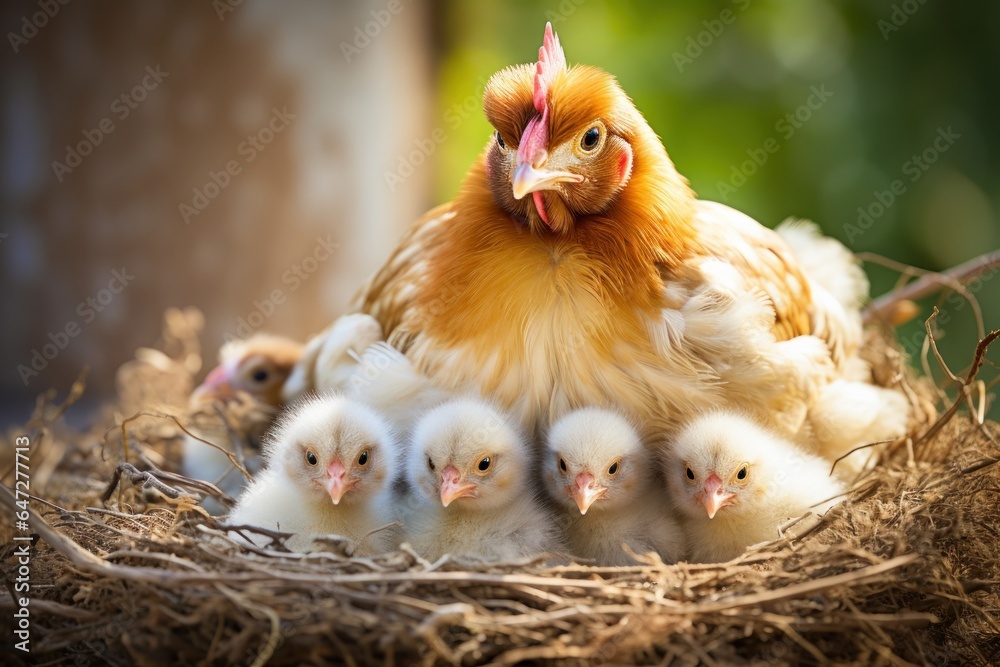 Poster chicken with chickens in the nest.