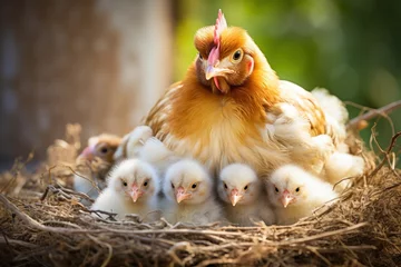 Foto op Aluminium Chicken with chickens in the nest. © Fotograf