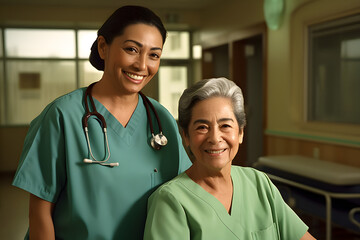 Smiling nurse and elderly patient at hospital. Nursing care.